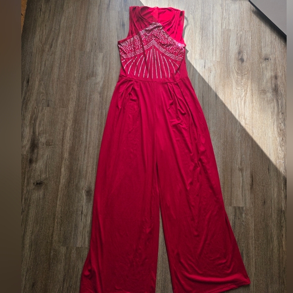 SHEIN Pants - SHEIN Red Beaded Wide-Leg Jumpsuit